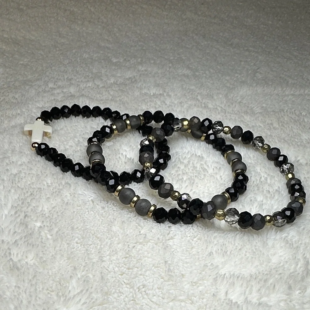 Beaded Bracelet Set of 3 w/Cross Charm on Black & Mirrored Grey & Gold Tone NWOT